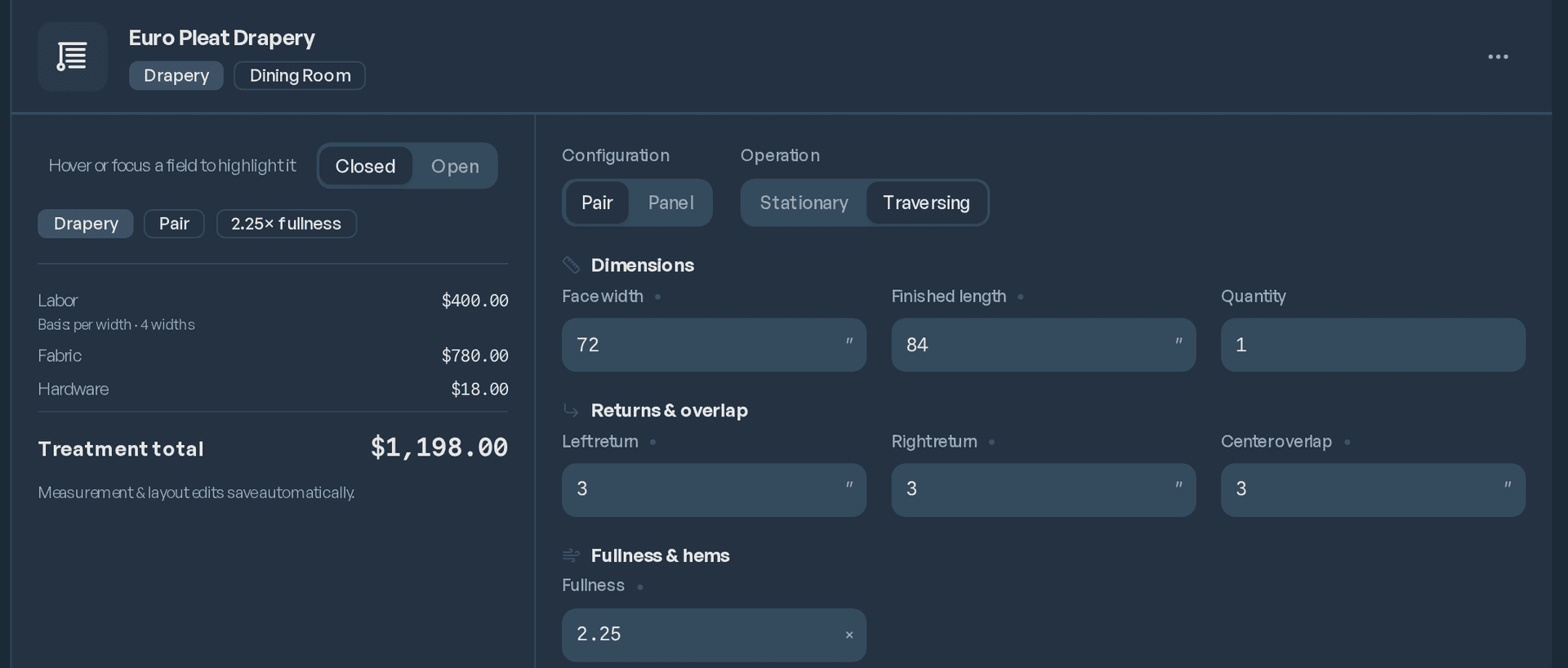 Expanded treatment showing fabric details, yardage, and a line-item pricing breakdown with the formulas used