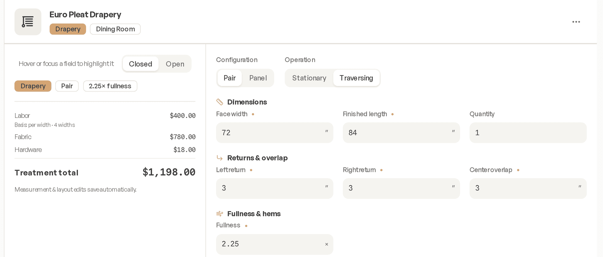 Expanded treatment showing fabric details, yardage, and a line-item pricing breakdown with the formulas used