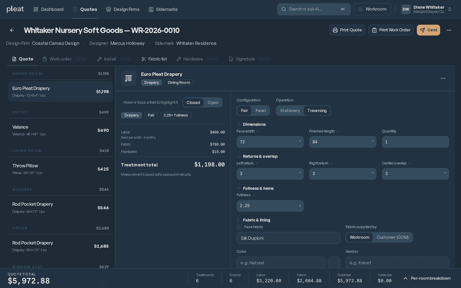 Quote builder with treatments grouped by room and a running quote summary and total