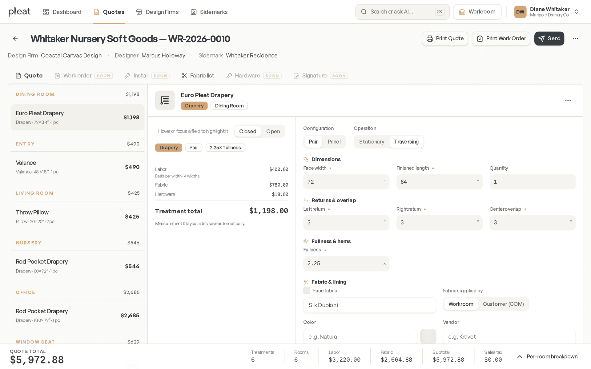 Quote builder with treatments grouped by room and a running quote summary and total