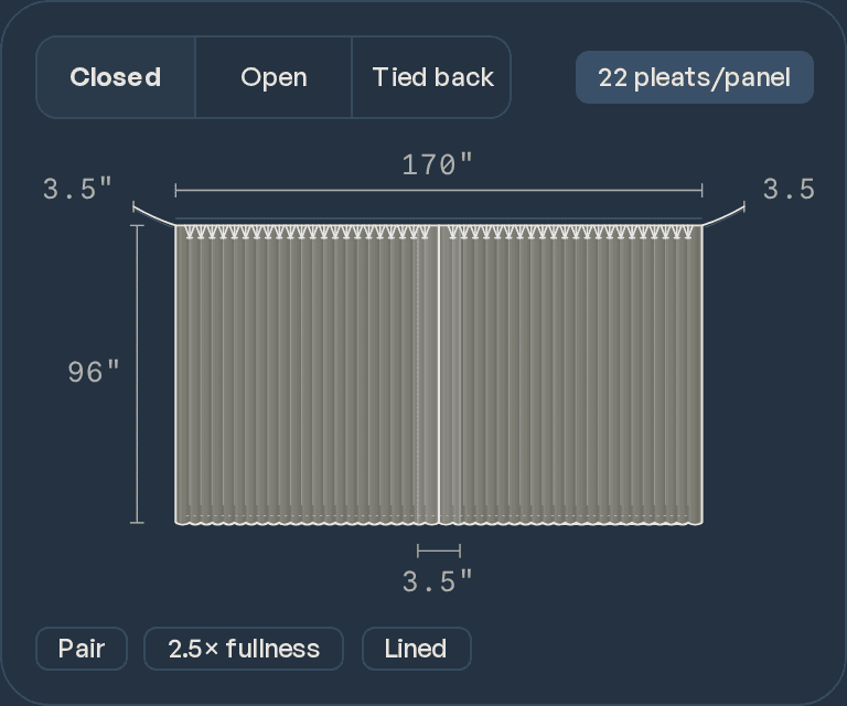 Pleat treatment schematic drawing with cut lengths and dimension callouts