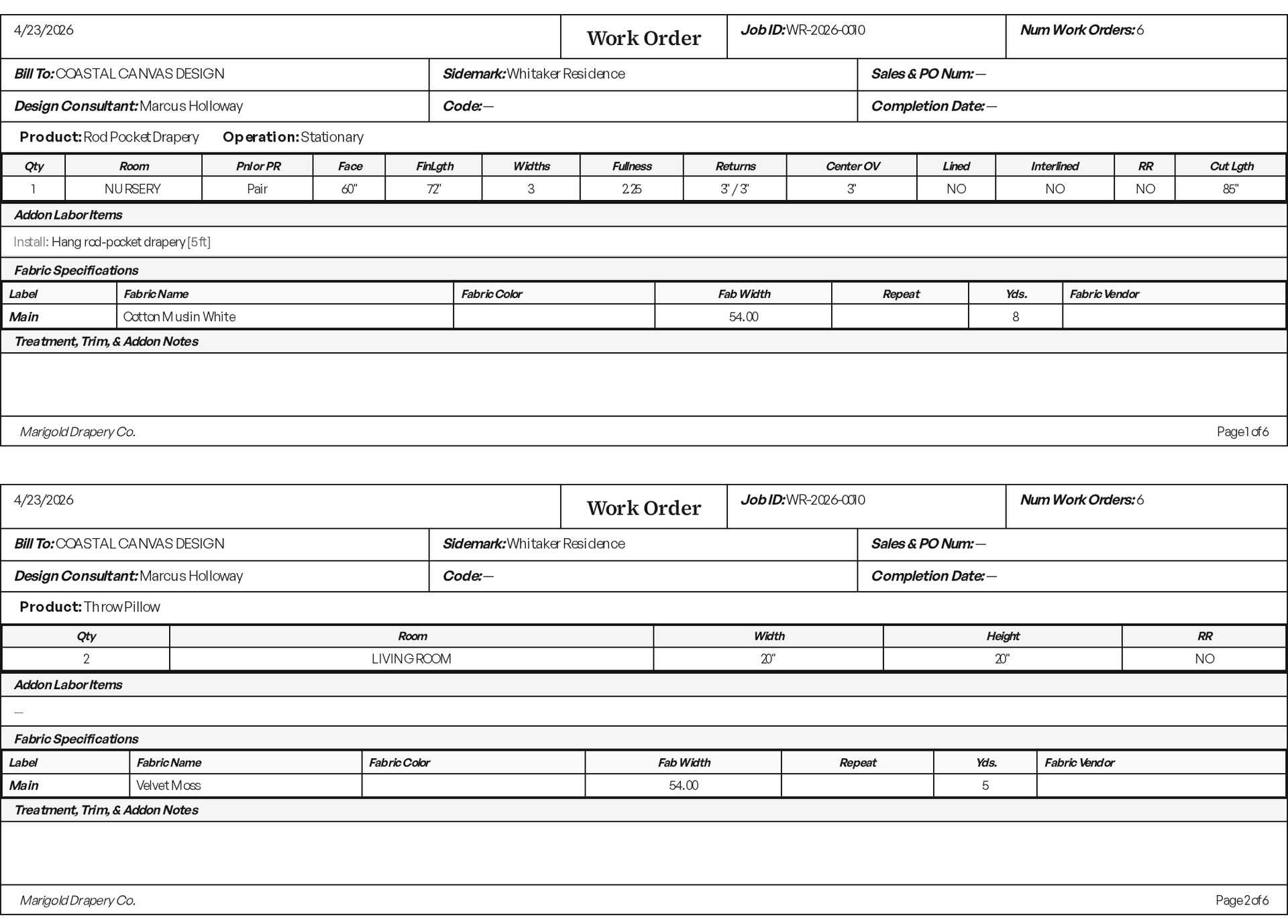 A printable Pleat work order sheet for the shop floor with treatment specs and cut lengths